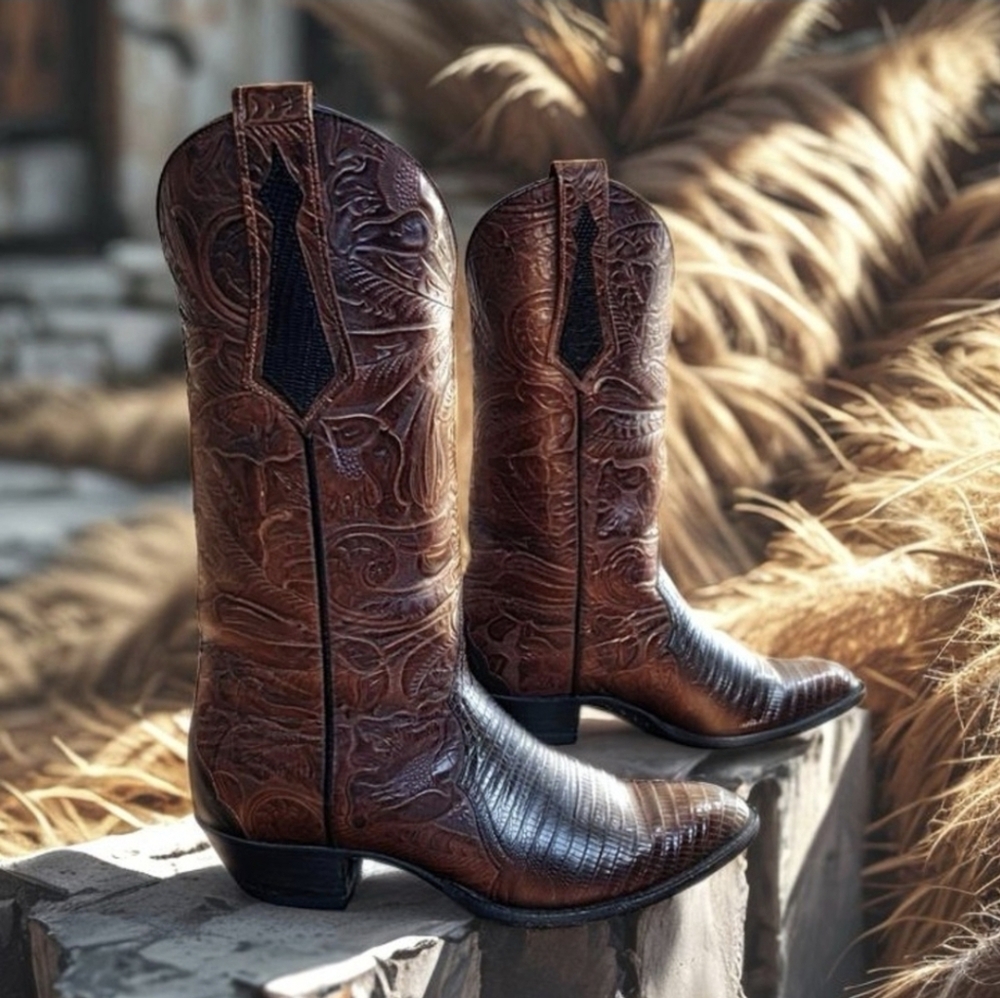 Vintage Larry Mahan Black Lizard Tooled Leather Cowboy Western Boots Women's 8M
